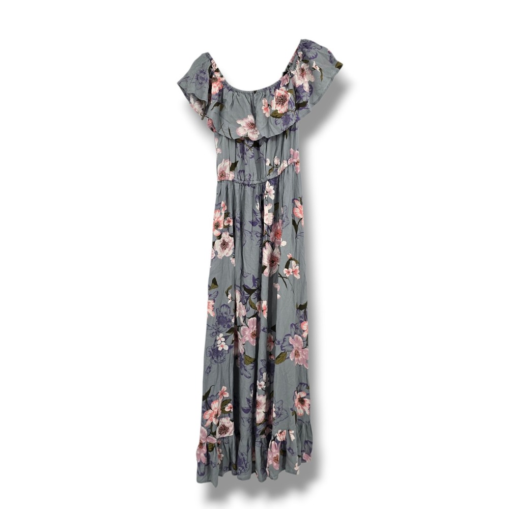 Band of Gypsies Floral Off Shoulder Maxi‎ Dress Blue Pink Boho Tassel Medium NEW